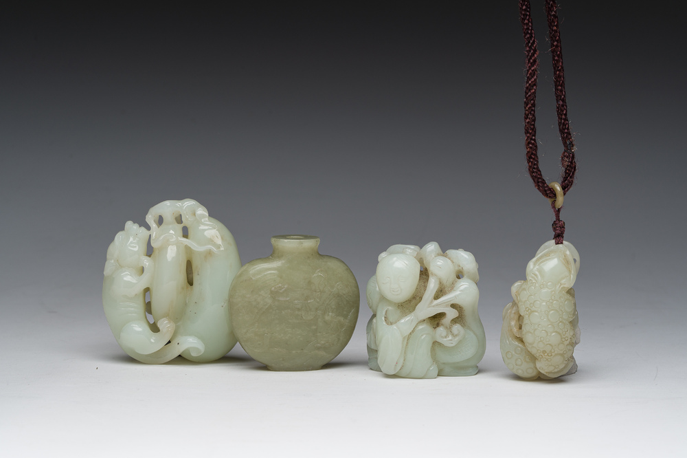 Four Chinese celadon jade carvings, 19th/20th C.