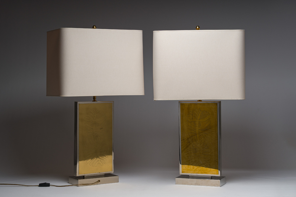 Christian Krekels (1942): A pair of stainless steel and etched brass table lamps with floral design, 1970s