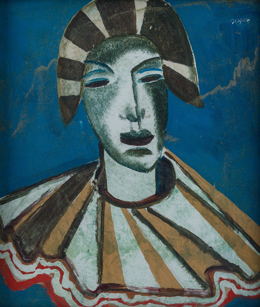 Floris Jespers (1889-1965): 'Mijmerende clown', reverse glass painting, ca. 1957