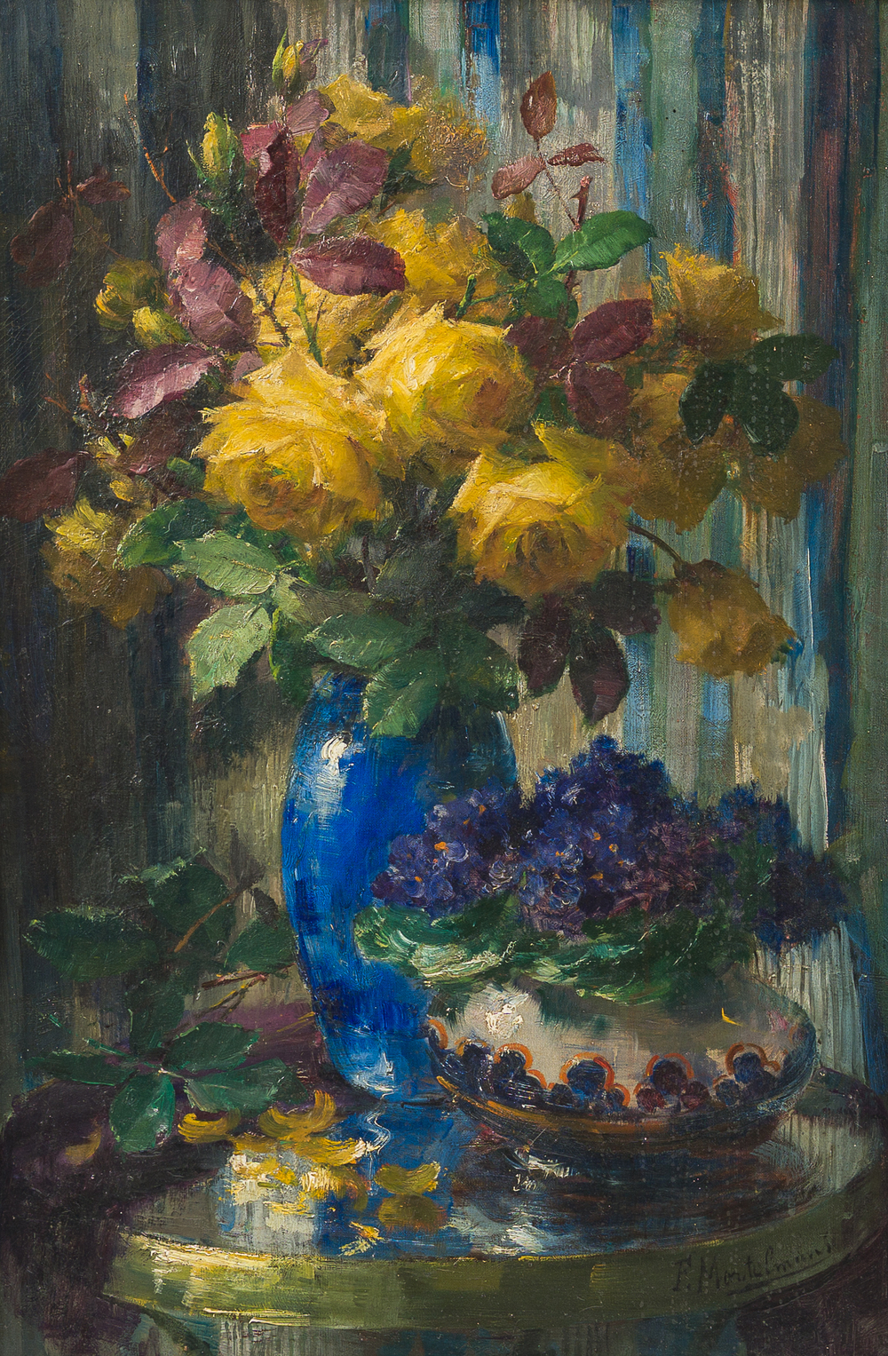 Frans Mortelmans (1865&ndash;1936): 'Yellow roses in blue vase, blue violets in low vase on table', oil on canvas