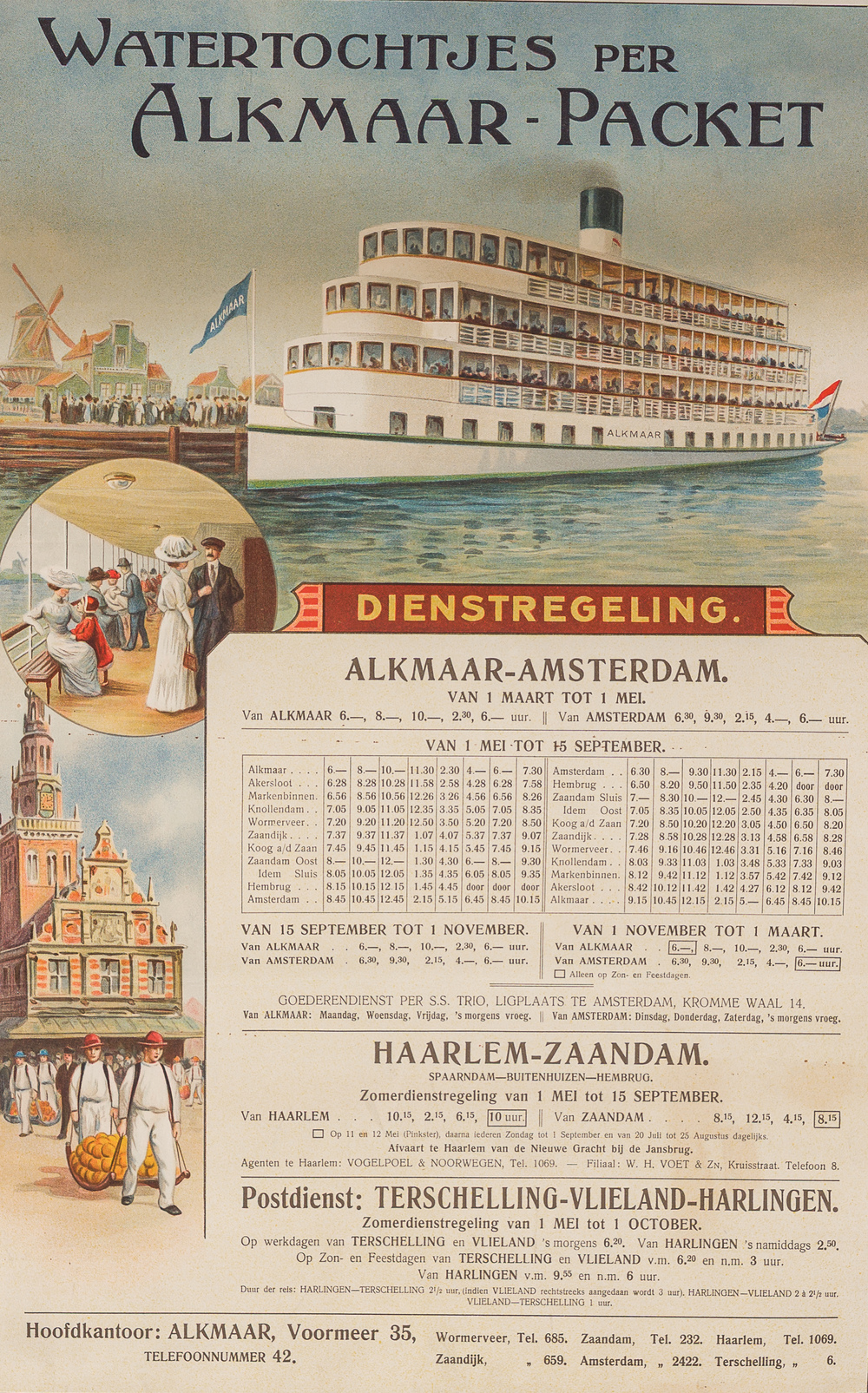 A poster of the 'Watertochtjes per Alkmaar-Packet' with the timetable, Van Leer, (1913)