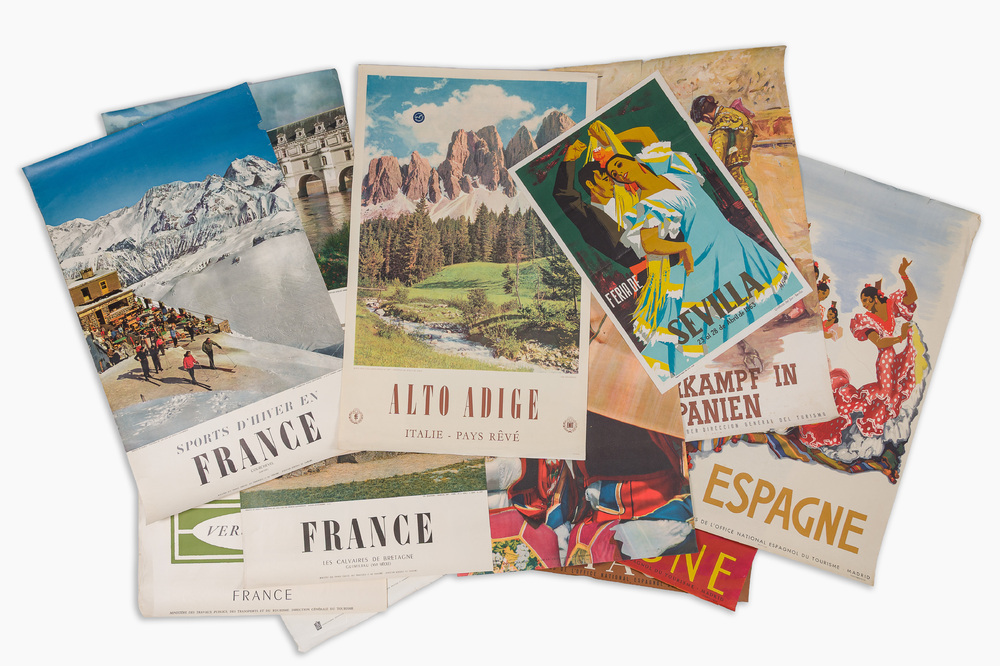 A varied collection of twelve posters promoting popular European travel destinations, 20th C.