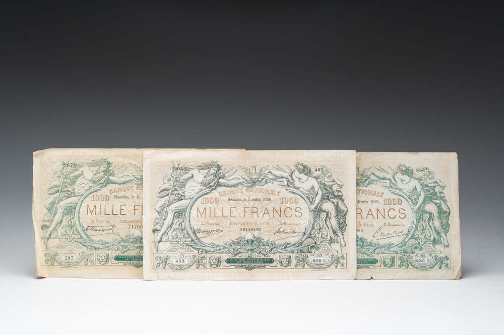 Three Belgian 1000 franc banknotes featuring Neptune and Salacia issued by the National Bank of Belgium, dated 1909-1919