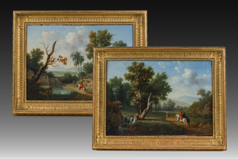 Pierre-Joseph Petit (1768-1825): Two animated landscapes with horsemen, oil on canvas