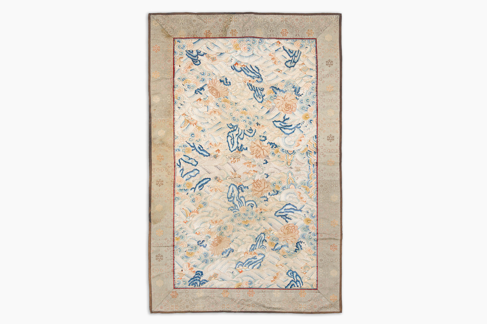 A Chinese vertical silk 'bats in a landscape' embroidery, 19th C.
