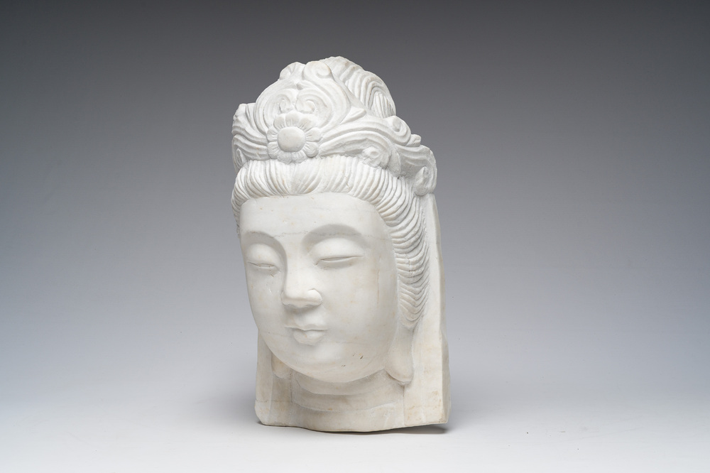A Chinese white marble head of a Guanyin, second half 20th C.