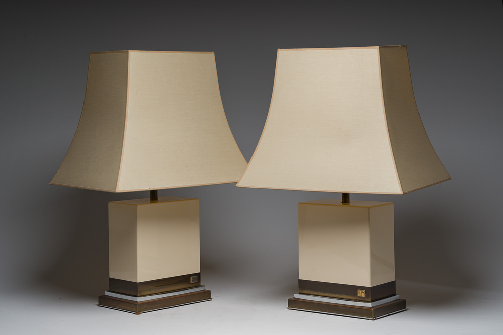 Jean-Claude Mahey (1944): A pair of French brass and lacquered wooden design table lamps, 1970s