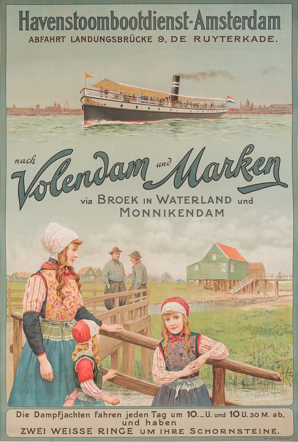 A poster of the 'Havenbootdienst-Amsterdam' with voyages to Volendam and Marken, Van Leer, first half 20th C.