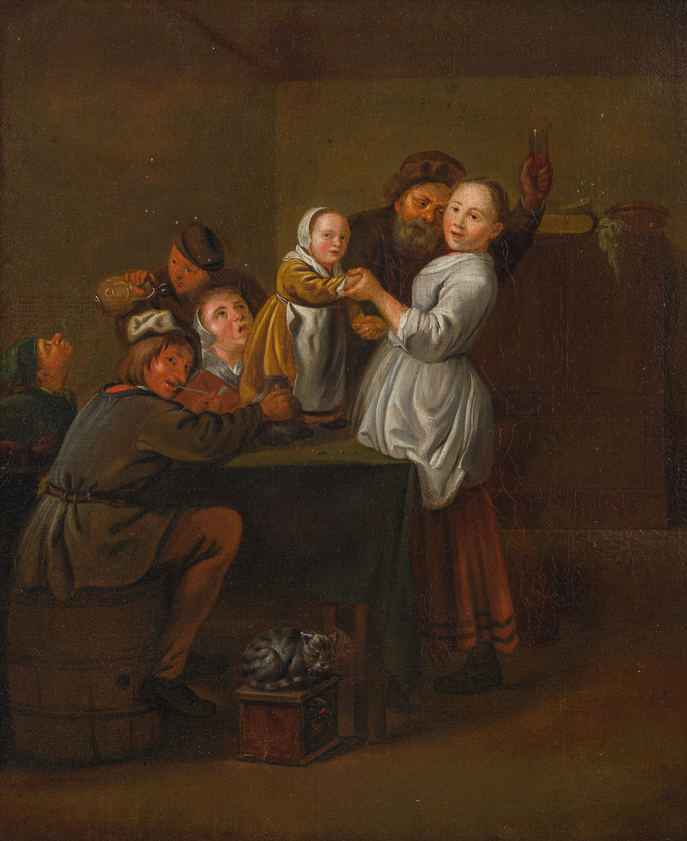 Jan Miense Molenaer (1610-1668 or circle of): Peasants making merry in an interior, oil on canvas, 17th C.