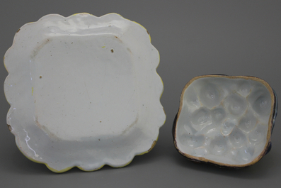 Beurrier en fa&iuml;ence de Delft, polychrome, en forme d'un panier &agrave; fruits, 18e