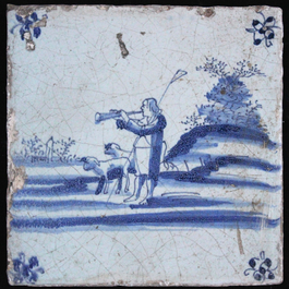 Lot de 4 carreaux en fa&iuml;ence de Delft, bleu et blanc, sc&egrave;nes divers, poss. Lille ou Gand, 17e