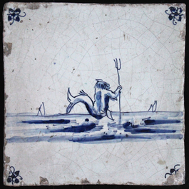 Lot de 4 carreaux en fa&iuml;ence de Delft, bleu et blanc, sc&egrave;nes divers, poss. Lille ou Gand, 17e