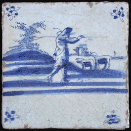 Lot de 4 carreaux en fa&iuml;ence de Delft, bleu et blanc, sc&egrave;nes divers, poss. Lille ou Gand, 17e