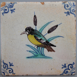 3 polychrome Dutch Delft tiles with birds, 17th C.