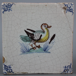 3 polychrome Dutch Delft tiles with birds, 17th C.
