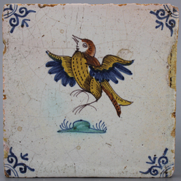 3 polychrome Dutch Delft tiles with birds, 17th C.