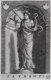 Impressionant plat Italien Deruta, aux dessins 'grotesques' (grotesschi') et d&eacute;cor de 'Prudencia', env. 1620
