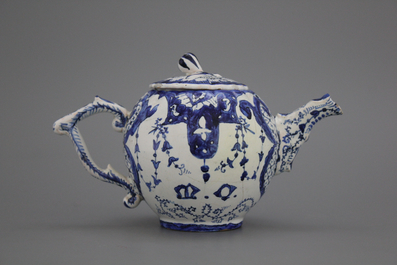 A French faience blue and white teapot, late 18th C.
