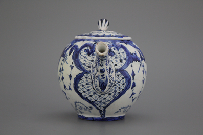 A French faience blue and white teapot, late 18th C.