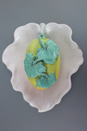 A Schrezheim faience tureen modelled as a melon on a fixed leaf, 18th C.