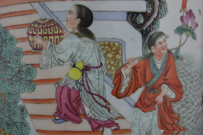An impressive Chinese porcelain famille rose rouleau vase, Republic, 20th C.
