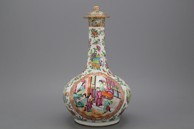 A fine Chinese Canton bottle vase with lid, 19th C.