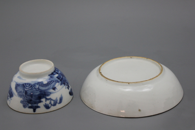 Lot van 6 blauw en witte kopjes met onderbordjes, 18e-19e eeuw.