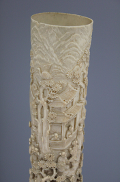 An important Chinese carved ivory tusk on stand, 19th C.