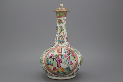 A fine Chinese Canton bottle vase with lid, 19th C.