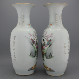 A pair of large Chinese porcelain famille rose vases with a historical scene, 19/20th C.
