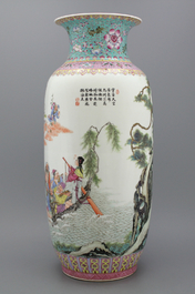 An impressive Chinese porcelain famille rose rouleau vase, Republic, 20th C.