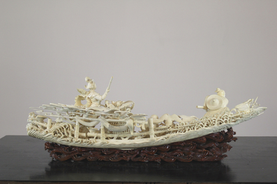 An important large Chinese ivory waterfront group on wood stand, Cultural Revolution