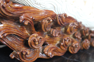 An important large Chinese ivory waterfront group on wood stand, Cultural Revolution
