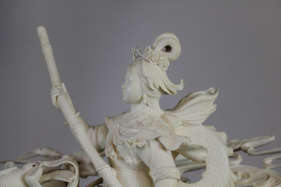 An important large Chinese ivory waterfront group on wood stand, Cultural Revolution