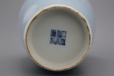 A pair of Chinese monochrome light blue vases, 19/20th C.