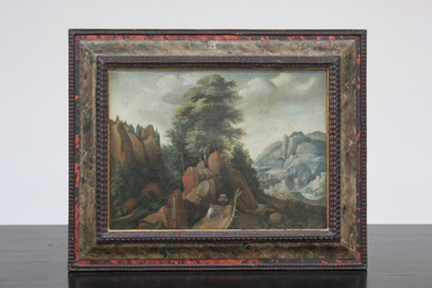 &Eacute;cole anversoise, d&eacute;but 17e, "Voyageurs dans un paysage", huile sur toile