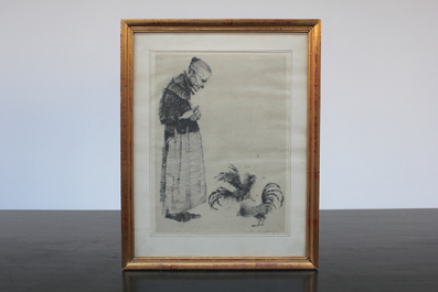 Jules Fonteyne (1878-1964), Woman with cockerels, etching