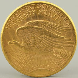 A gold coin, Saint Gaudens Double Eagle, 1910, $20