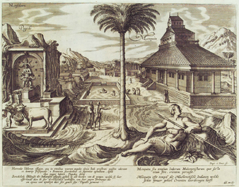 Grote Delftse dor&eacute; en petit feu plaquette met de bijbelse stad Sodom, ca 1720