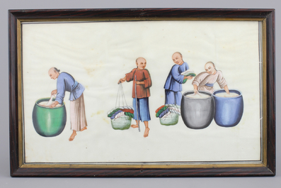 Lot de 8 peintures chinoises sur papier de riz &agrave; d&eacute;cor de la production de soie, Canton, env. 1800