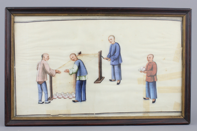 Lot de 8 peintures chinoises sur papier de riz &agrave; d&eacute;cor de la production de soie, Canton, env. 1800