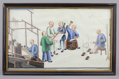 Lot de 8 peintures chinoises sur papier de riz &agrave; d&eacute;cor de la production de soie, Canton, env. 1800