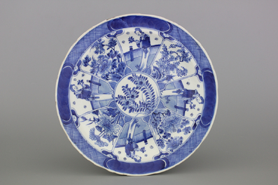 Two Chinese porcelain blue and white plates and three bowls, Kangxi and late Qing dynasty