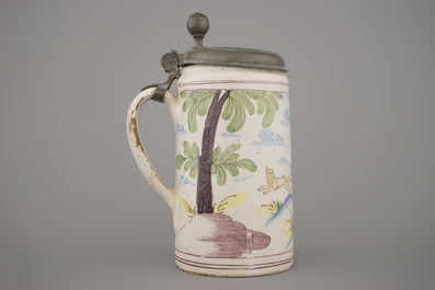 A German pewter-mounted polychrome faience beer stein, 18th C.