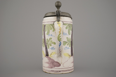 A German pewter-mounted polychrome faience beer stein, 18th C.