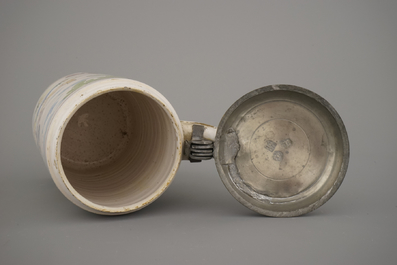 A German pewter-mounted polychrome faience beer stein, 18th C.