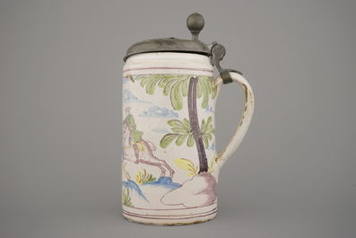 A German pewter-mounted polychrome faience beer stein, 18th C.