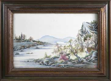 A pair of Chinese porcelain plaques with fine landscape painting, 19th C.