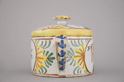 A Dutch Delft polychrome royalist portrait butter tub, 18th C.