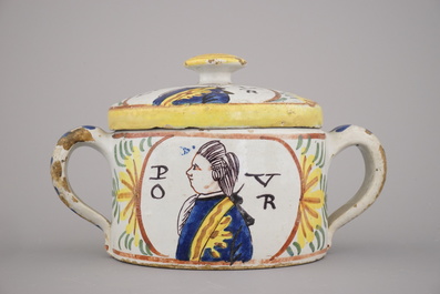 A Dutch Delft polychrome royalist portrait butter tub, 18th C.